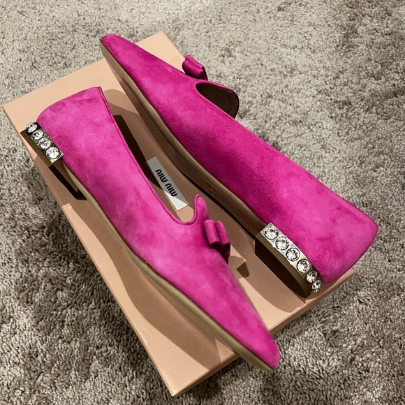 BNIB Miu Miu Fuchsia hot pink suede crystal heel bow loafers flats shoes 38 - Picture 3 of 6